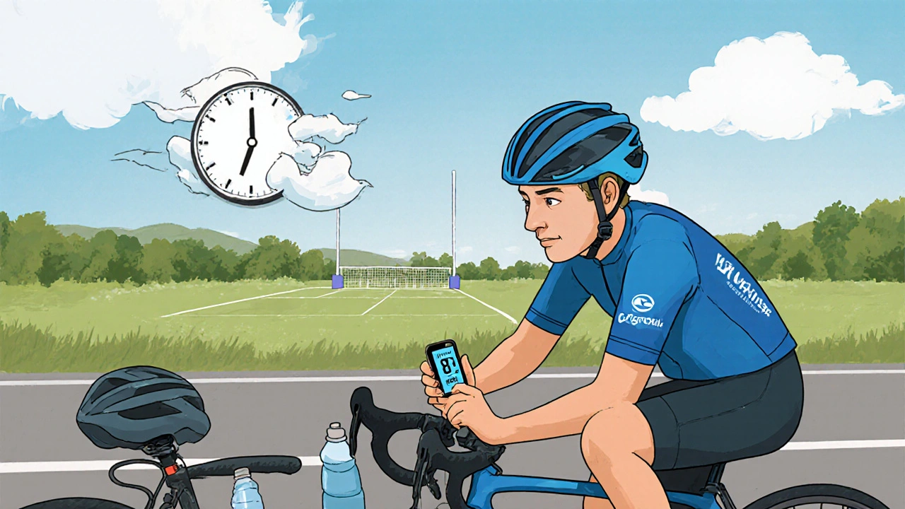A cyclist checks their INR level using a portable device on a quiet road.
