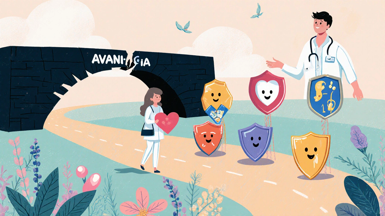 A doctor leads a patient from a dangerous bridge labeled Avandia toward a safe path of healthier medications.