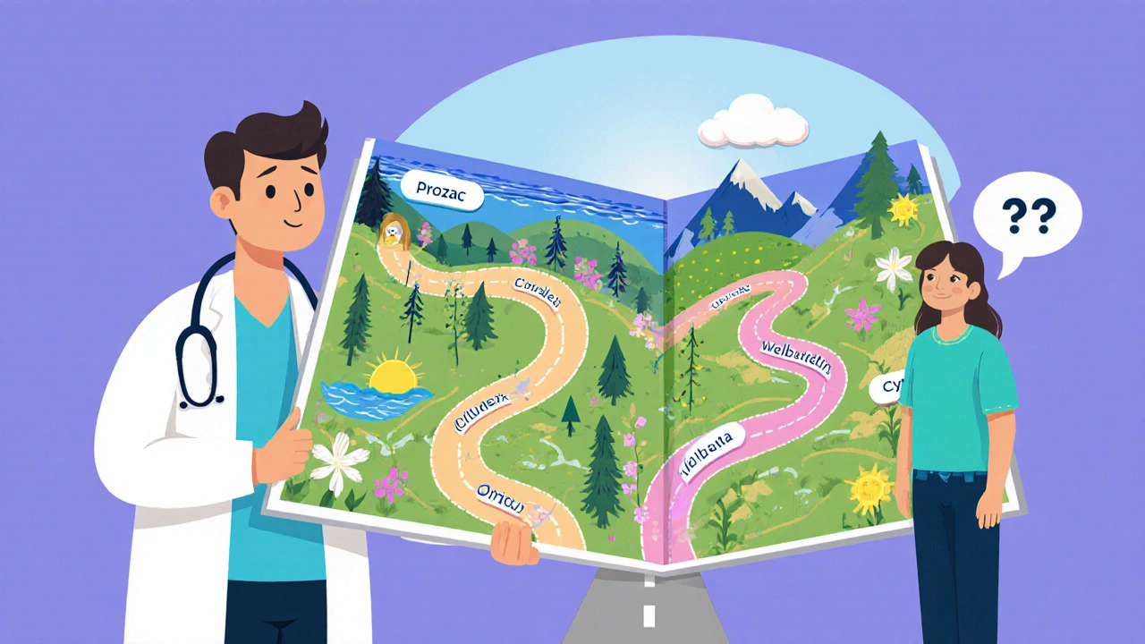 A doctor shows a brain map with four glowing treatment paths as a patient considers options at a crossroad.