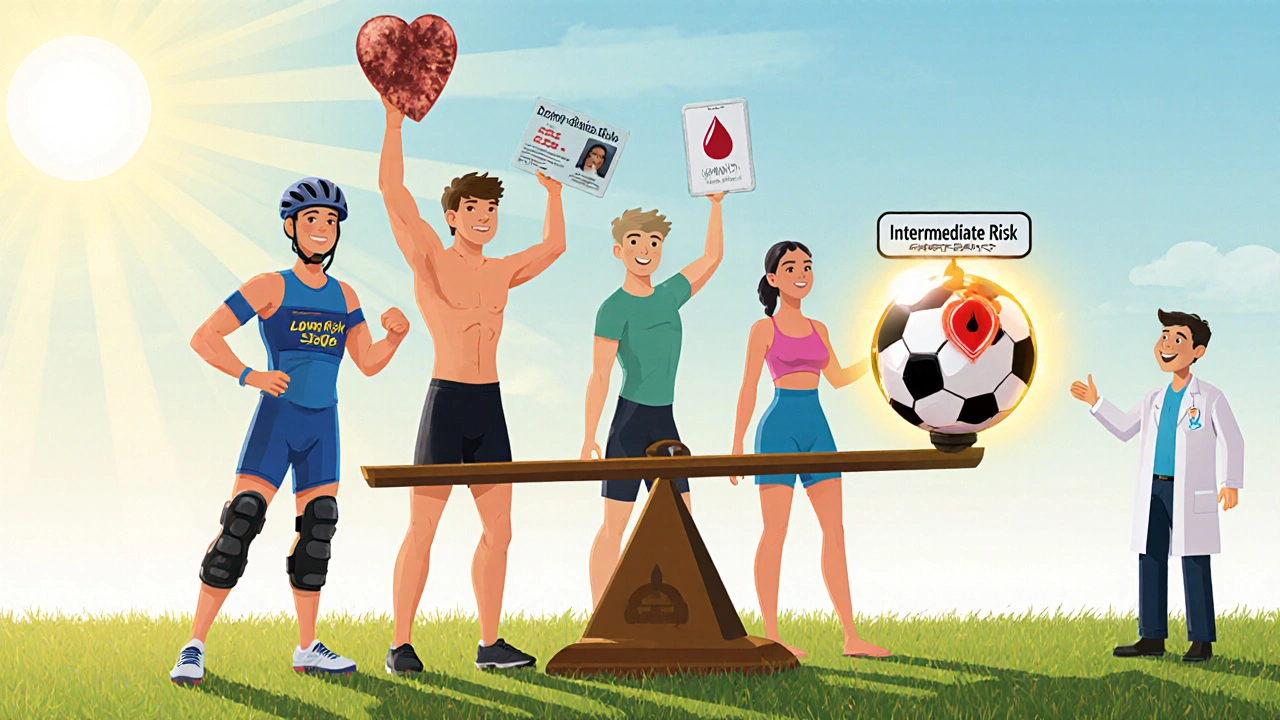 A group of athletes hold protective gear and medical IDs, standing beside a scale showing low-risk safety.