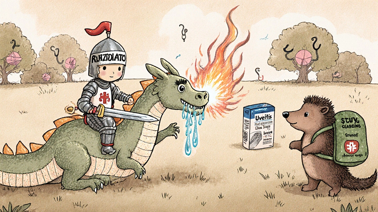 A knight on a tear dragon fights inflammation monsters while a hedgehog offers protective tears.