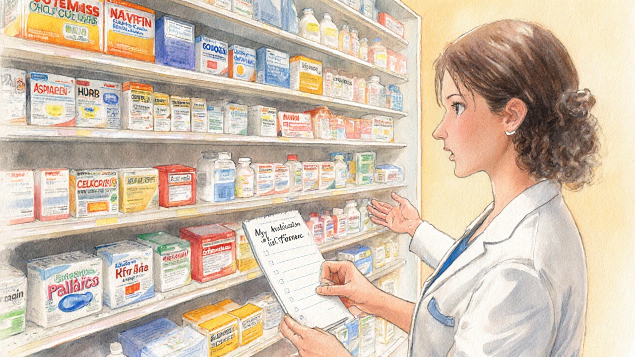 A person holding a medication list in a pharmacy aisle, consulting a smiling pharmacist.