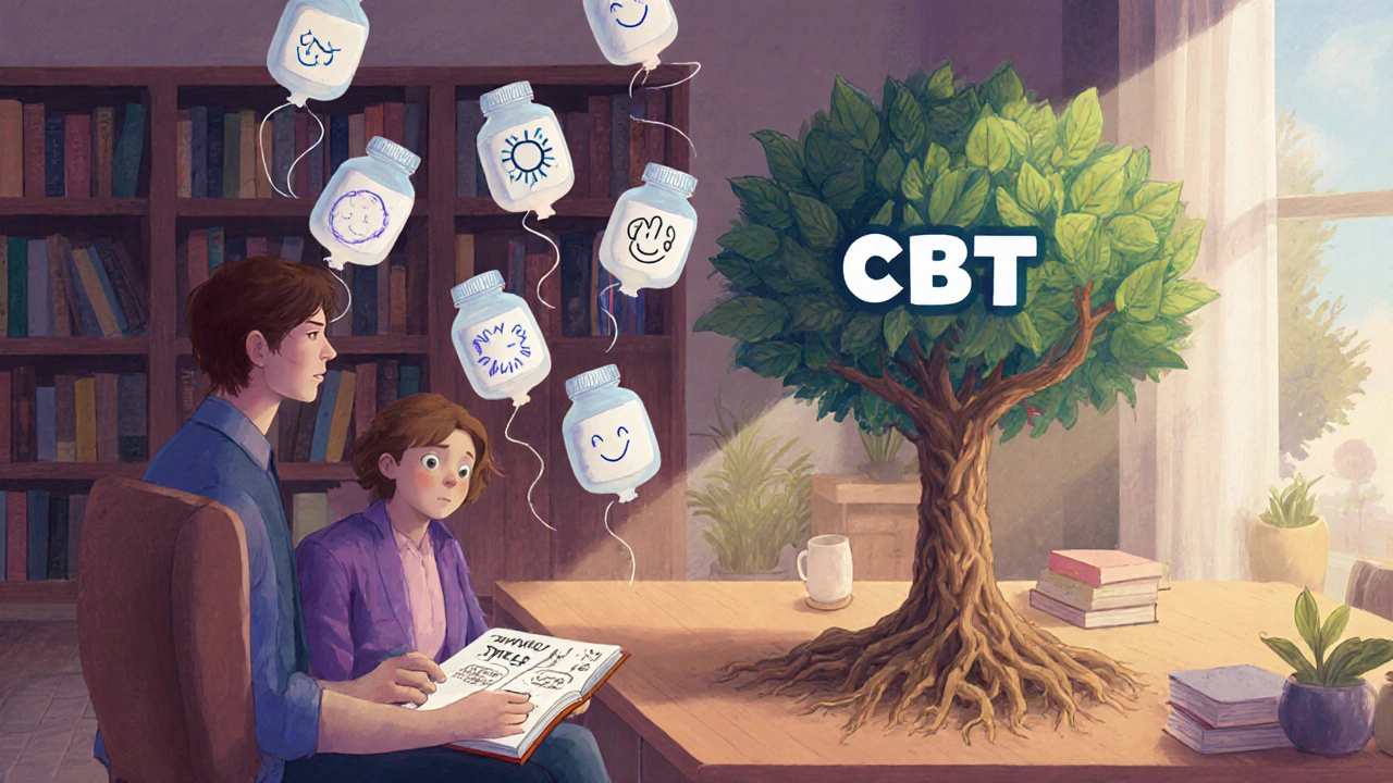 A person in therapy with a journal as medication bottles fade, replaced by a tree of coping skills under warm light.