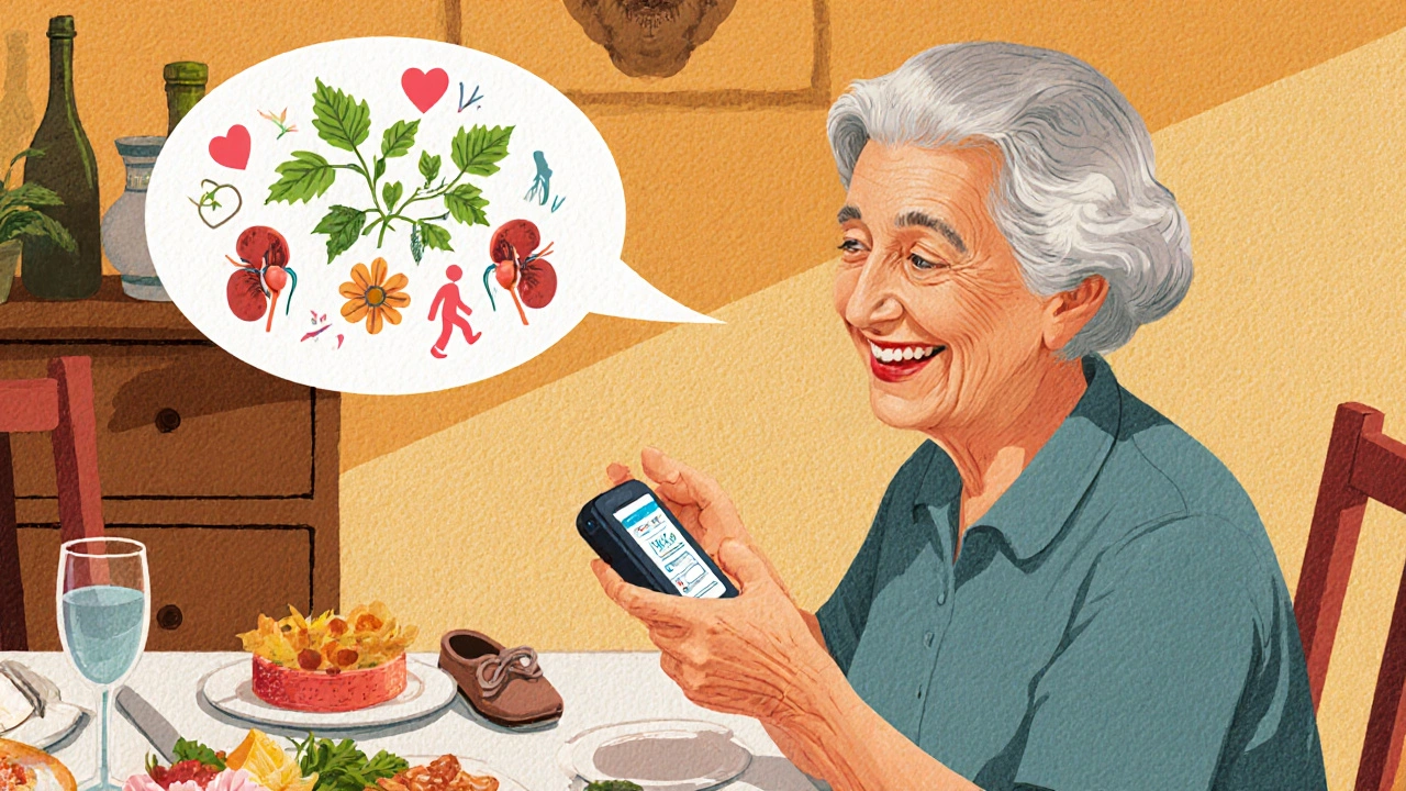 An elderly woman at dinner, with her old Avandia pill turning into leaves and health symbols in a thought bubble.