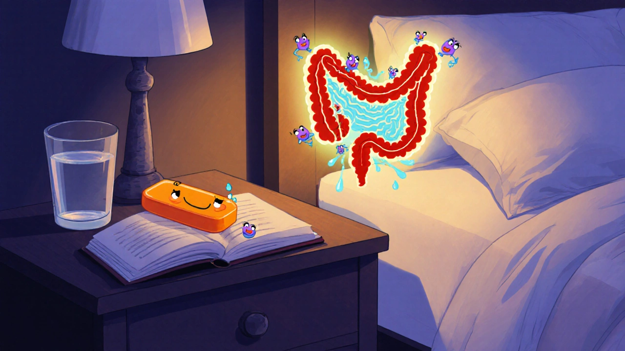 Bisacodyl tablet converting to active form in colon with bacteria and contracting muscles.