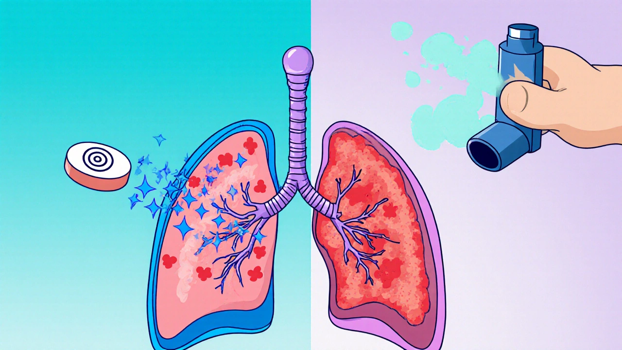 Cartoon lungs showing a pill traveling through blood and an inhaler puff opening airways.
