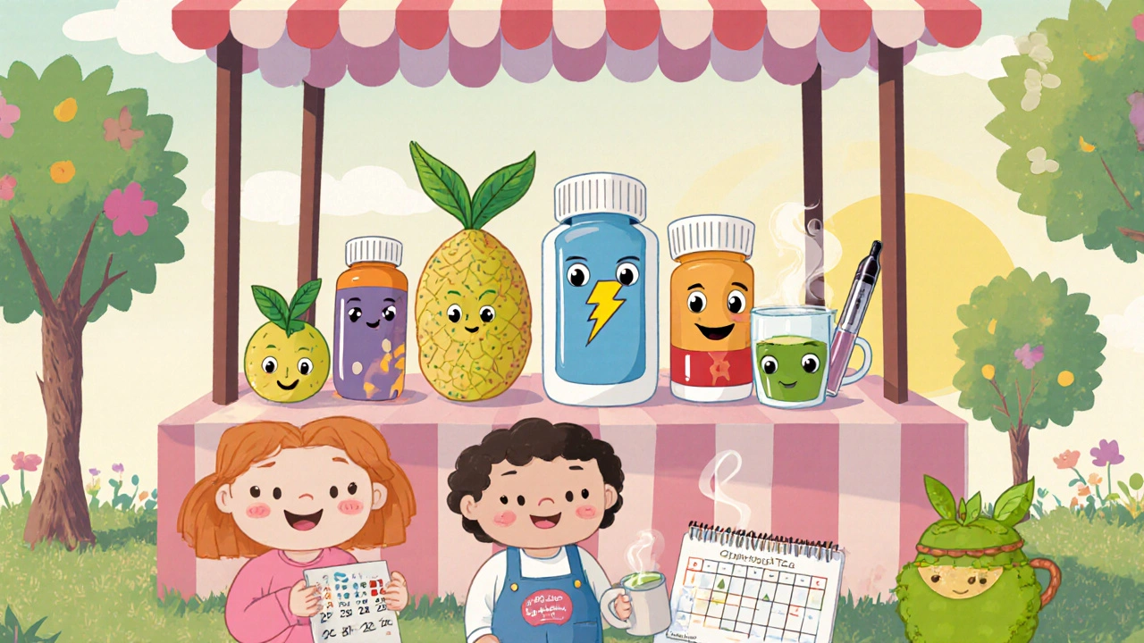 Cartoon market stall with various weight‑loss supplement characters being compared.