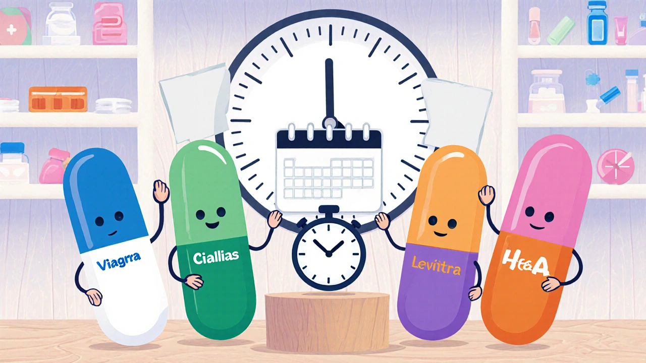 Cartoon pill characters on a shelf with He&She pack in the center holding a stopwatch and calendar.