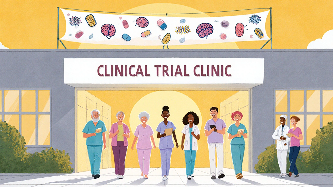 Cheerful clinic entrance with diverse patients and doctors under a hopeful banner.