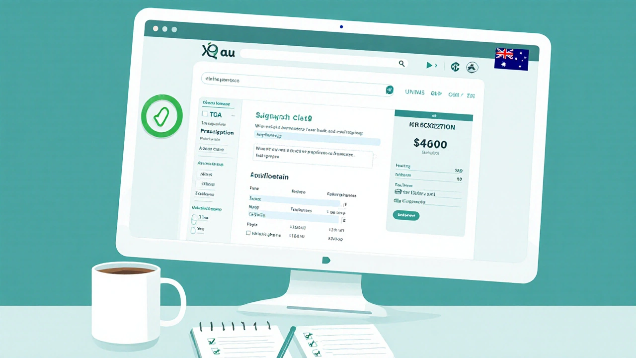 Computer screen showing a trusted Australian pharmacy UI with checkmarks and price breakdown.
