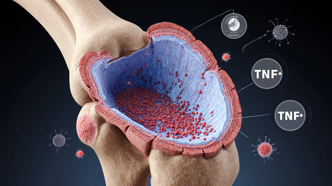 Cross‑section of a bone showing low oxygen, active osteoclasts, and few osteoblasts.