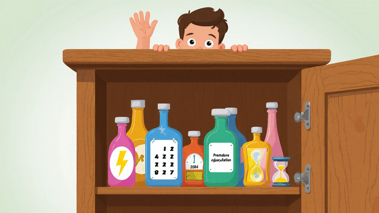 Curious man looking at a cabinet of colorful medicine bottles, each with small symbolic icons.
