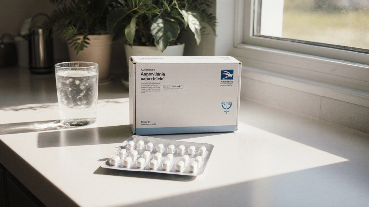 Delivery box on kitchen counter with opened blister pack of white amoxicillin capsules.