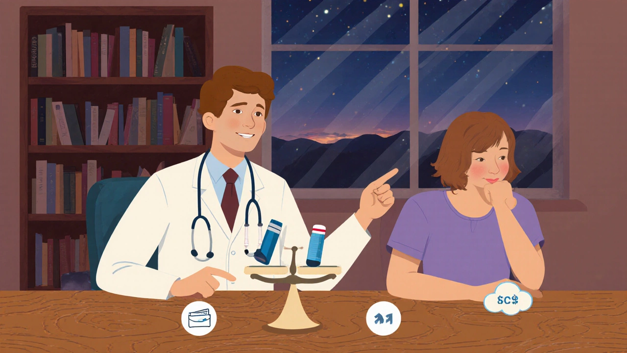 Doctor and patient at a table with icons representing cost, side effects, and treatment balance.