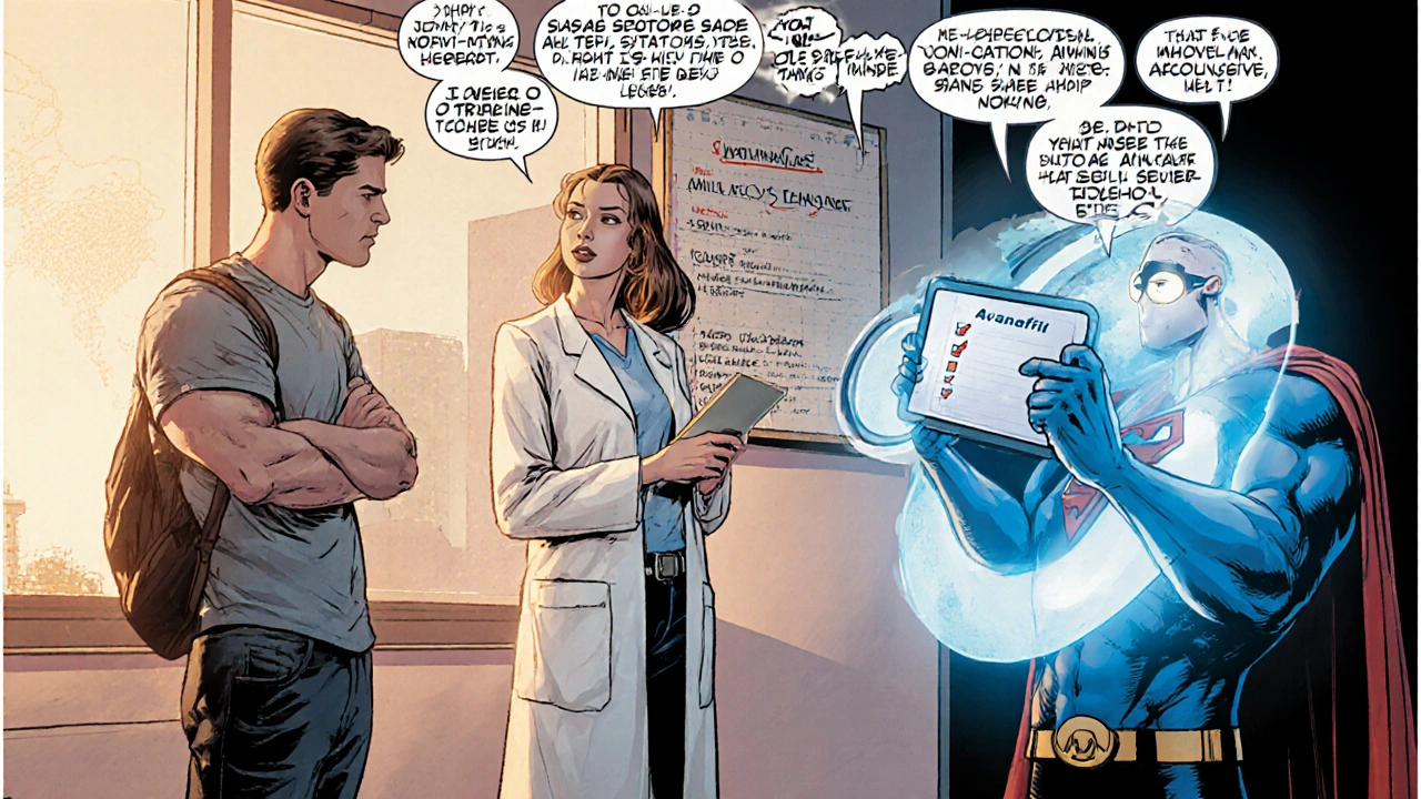 Doctor and patient discuss ED medication with Avanafil hero offering a pill and checklist.