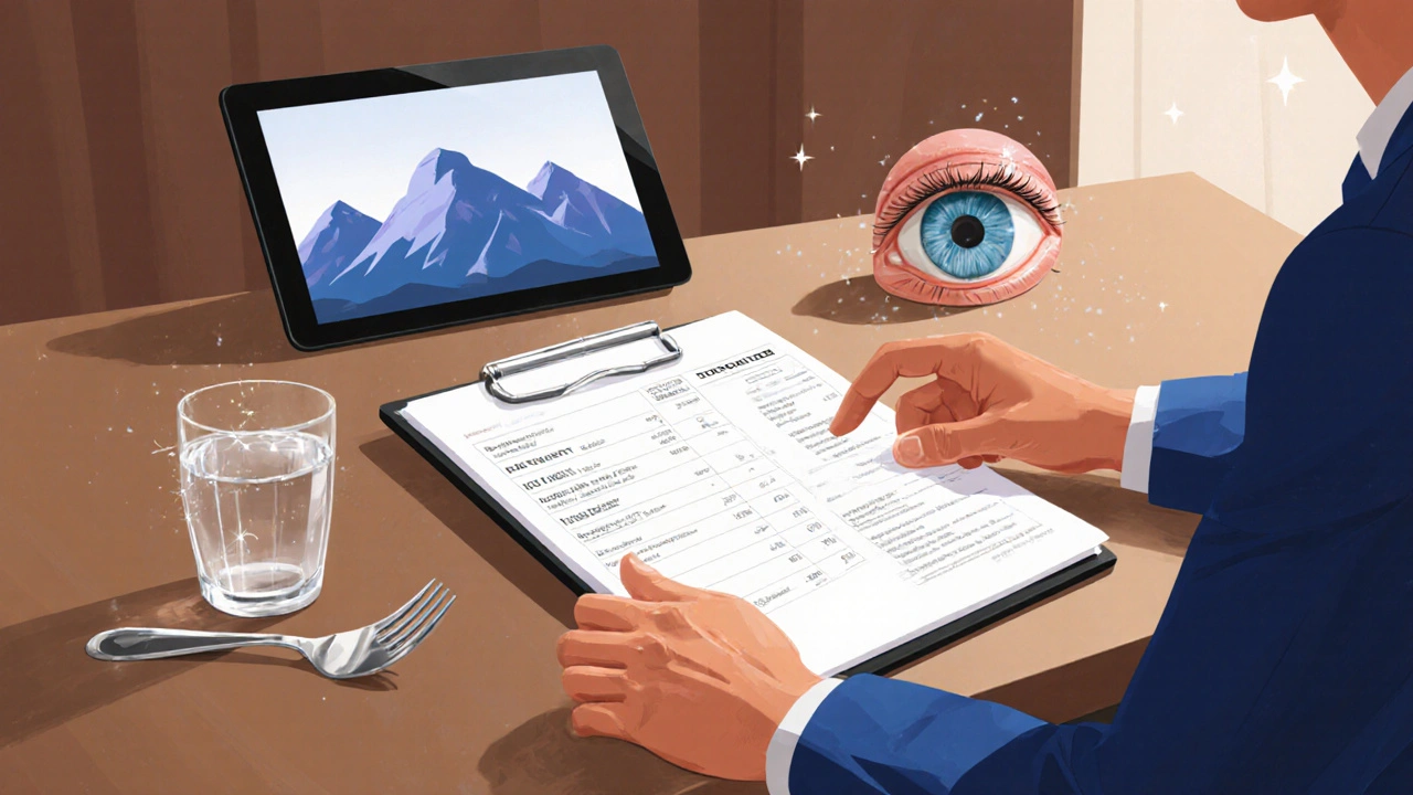 Doctor and patient discussing treatment options with lab results and side‑effect cues.