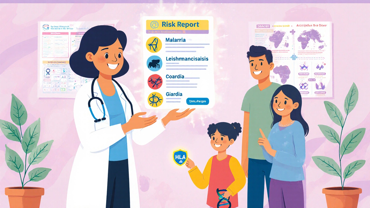 Doctor shows a family a colorful risk report with icons for various parasites.