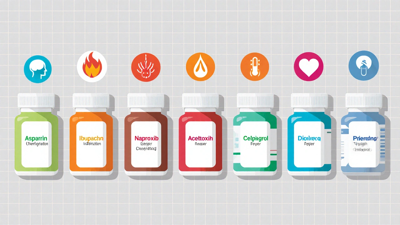 Eight pill bottles lined up with icons showing each drug&#039;s main use: pain, inflammation, fever, heart protection.