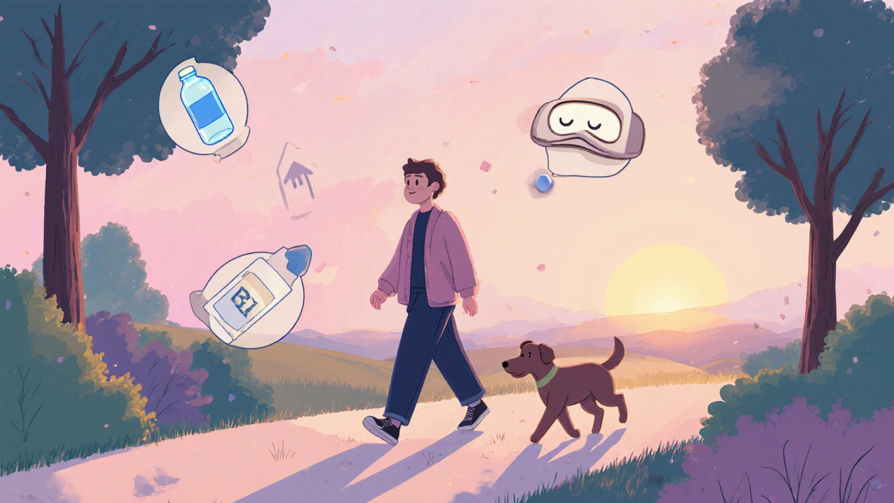 Energetic person walking at sunset, with sunrise and health icons indicating boosted vitality.