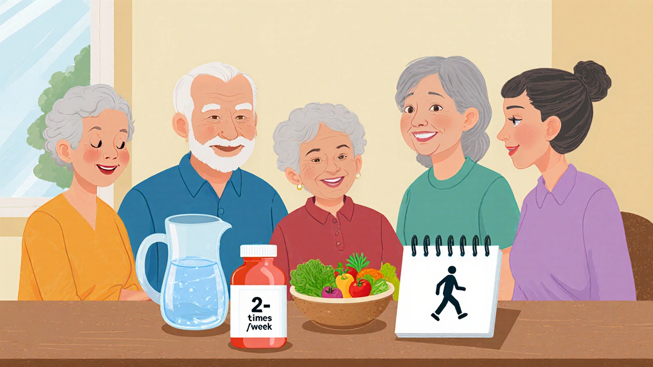 Family at kitchen table with water, fiber foods, exercise icons, and bisacodyl bottle indicating balanced use.