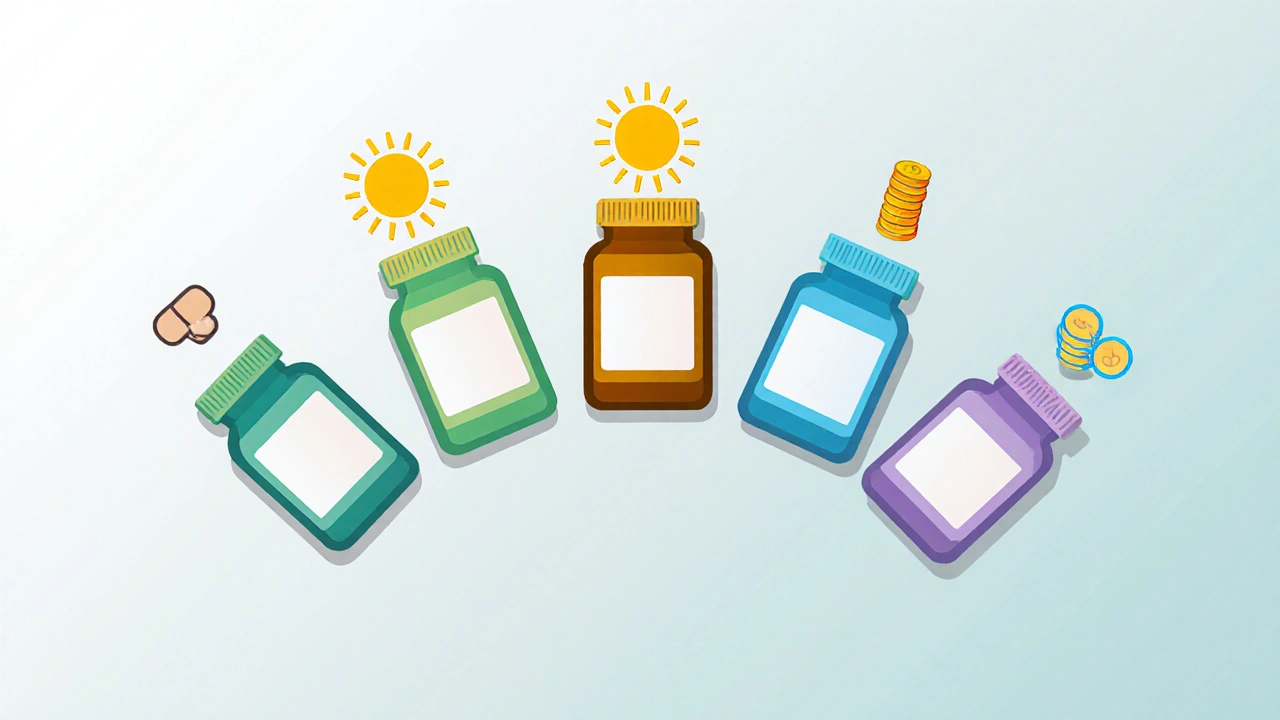 Flat illustration of five pill bottles with icons for dosing and cost.