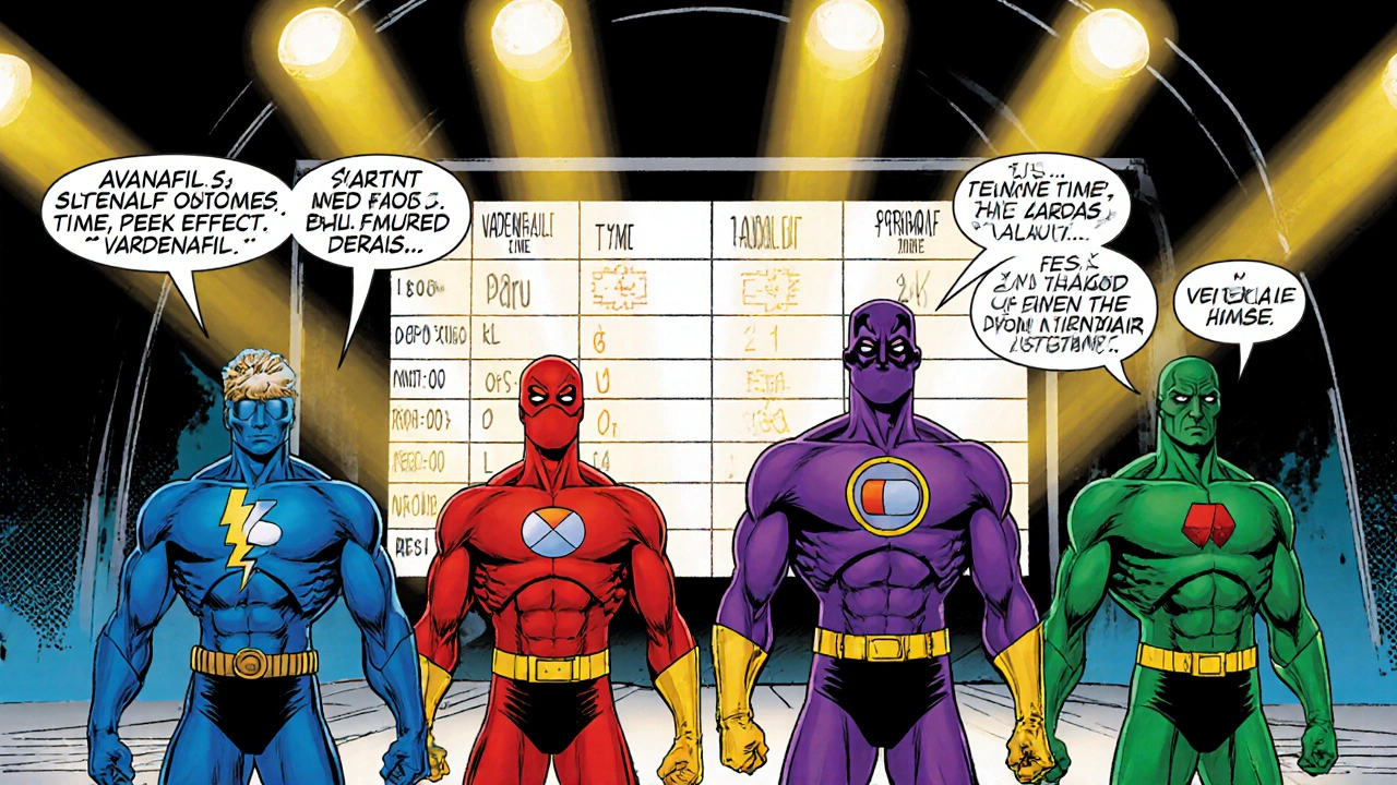 Four pill superheroes compare onset, duration, and dosage in a comic showdown.
