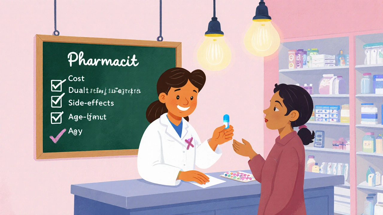 Friendly pharmacist handing a single pill to a customer next to a checklist of symbols.