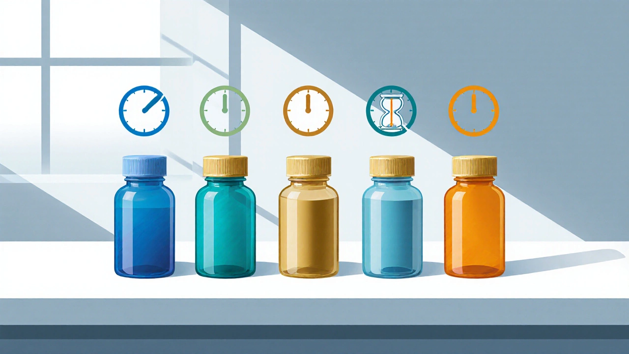 Illustration of five medication bottles with clock icons showing different onset and duration times.