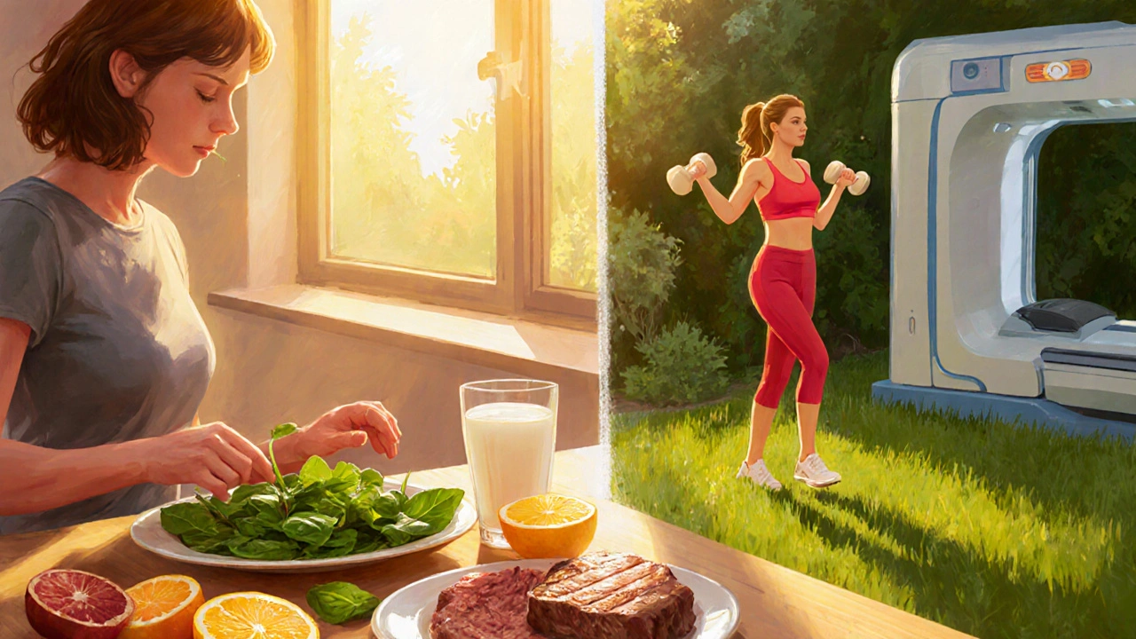 Kitchen and garden scene with iron‑rich foods, exercise, and a DXA scanner silhouette.