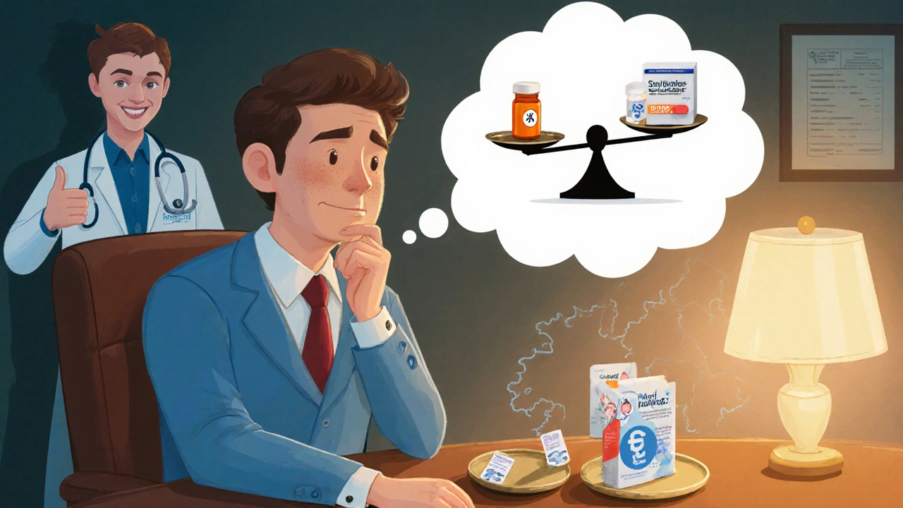 Man thinking with a scale balancing a sildenafil pill and He&She pack, doctor giving thumbs up.