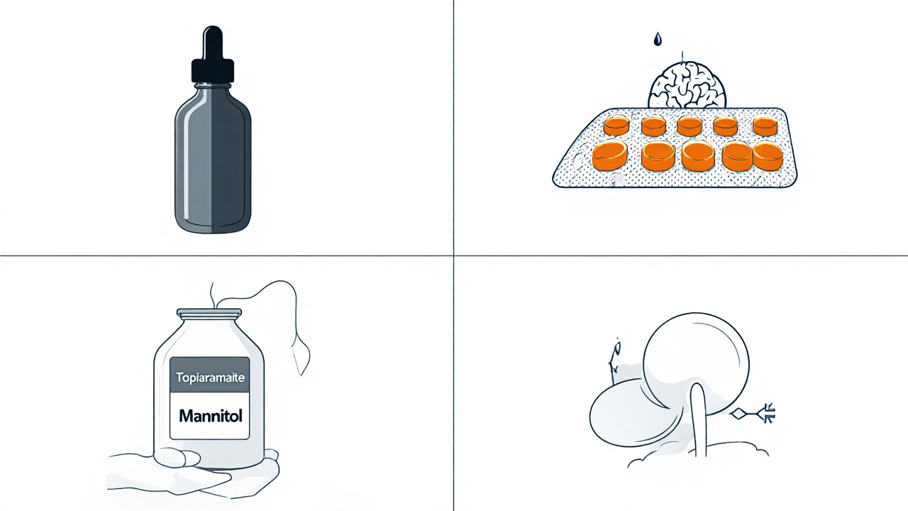 Medical illustration comparing eye drops, tablets, IV bag, and loop diuretic.