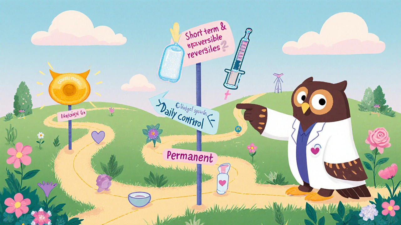 Owl guide pointing to four garden paths representing different male contraception choices.