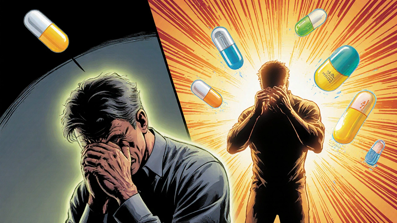 Patient experiencing off and on motor states with medication icons.