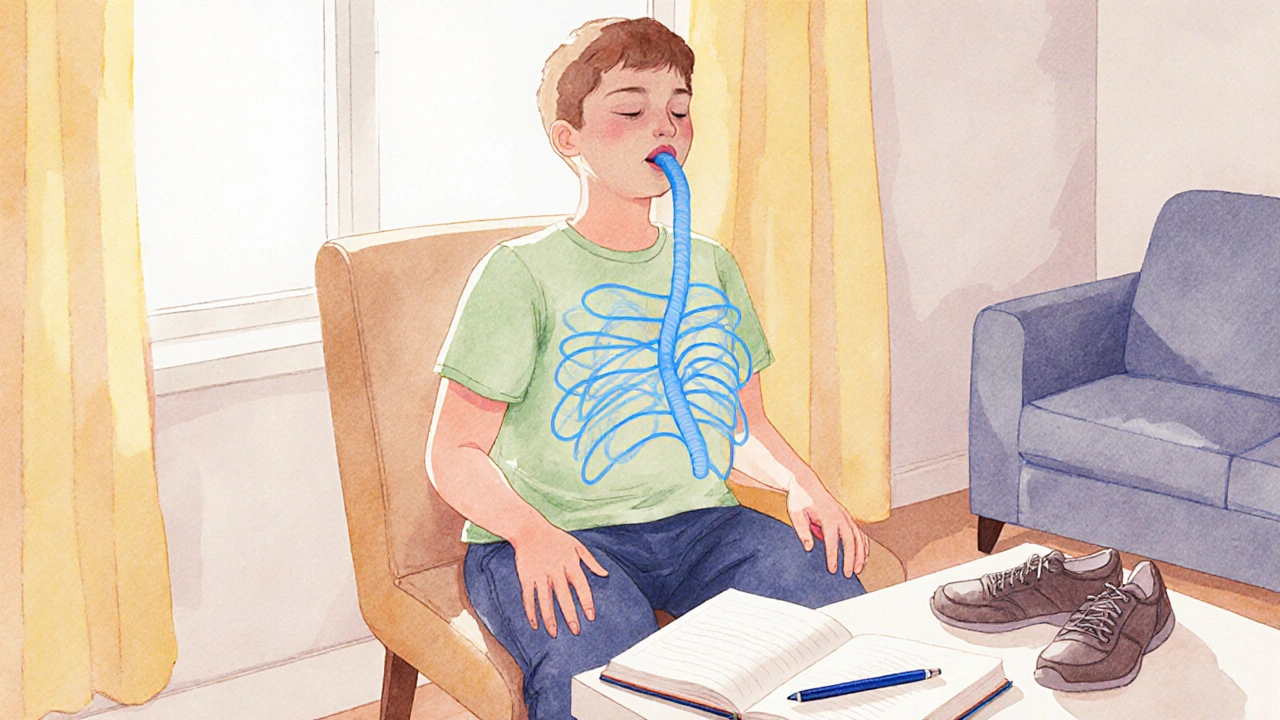 Patient practicing breathing exercise, journaling, and preparing for a walk in a sunny room.