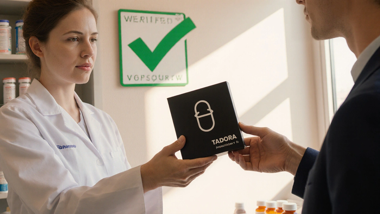 Pharmacist handing a sealed prescription box with a Tadora outline and verification badge.