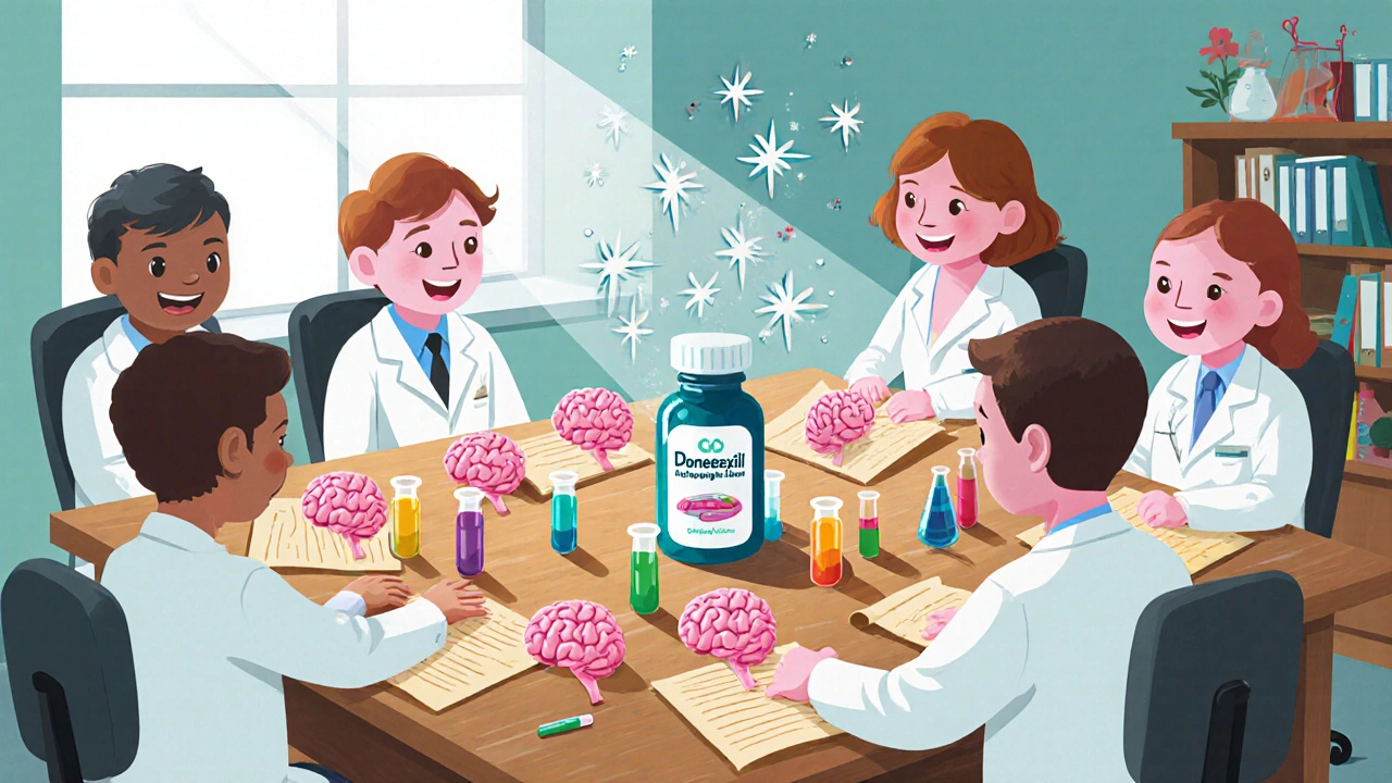 Scientists in a cartoon lab with brain models and glowing acetylcholine symbols.