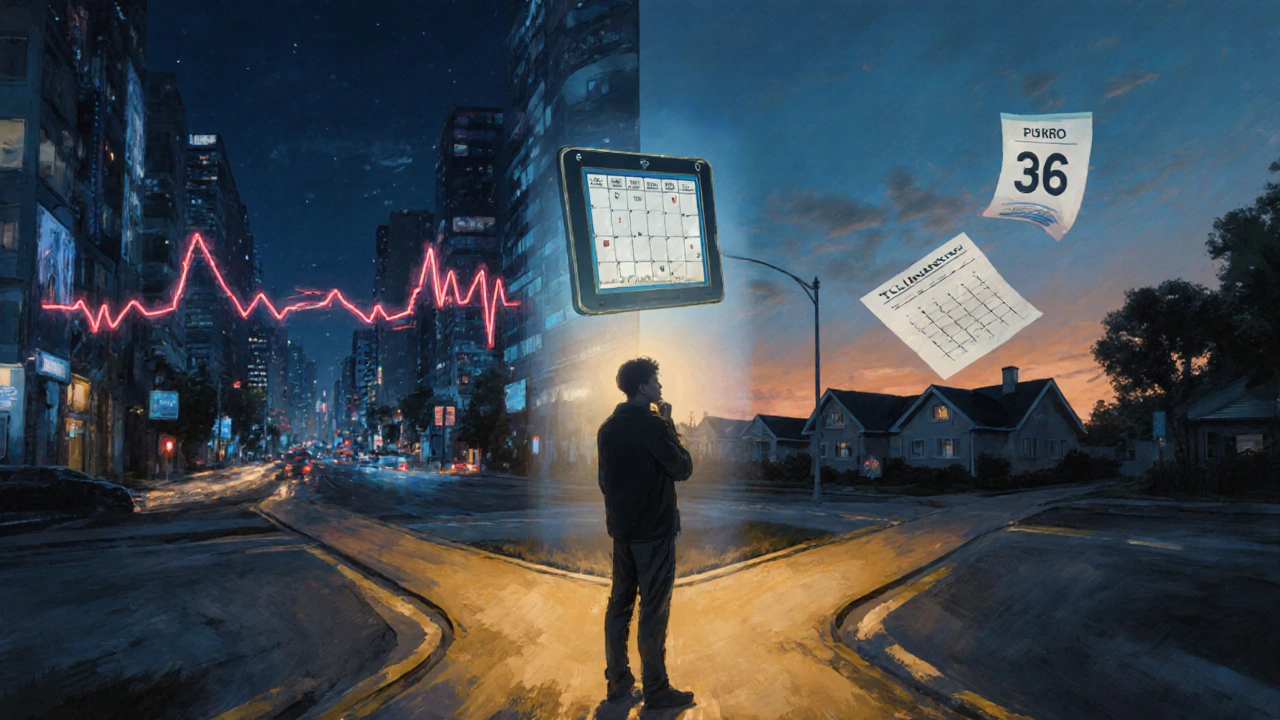Silhouette at a dusk crossroads, one side nightlife, other side calendar, with a glowing Tadasiva tablet overlay.