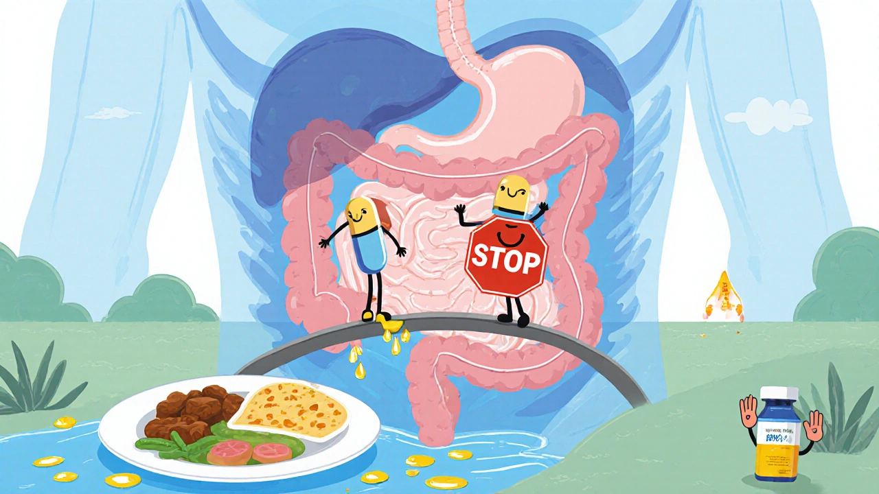 Slim Trim capsule hero blocks fat droplets in a cartoon digestive tract.