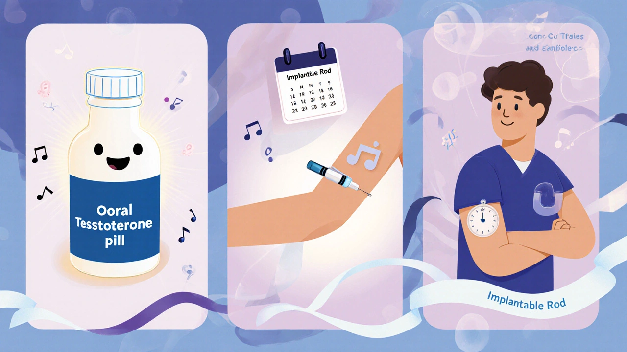 Three panels showing a pill bottle, an arm injection, and an implant rod for hormonal methods.