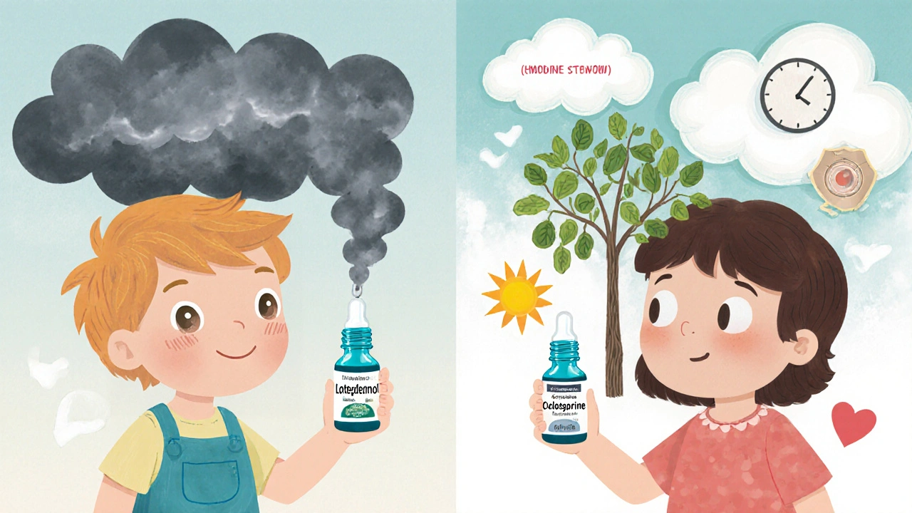 Two children with eye drops; one calms storm clouds, the other grows a healing tree from their eye.