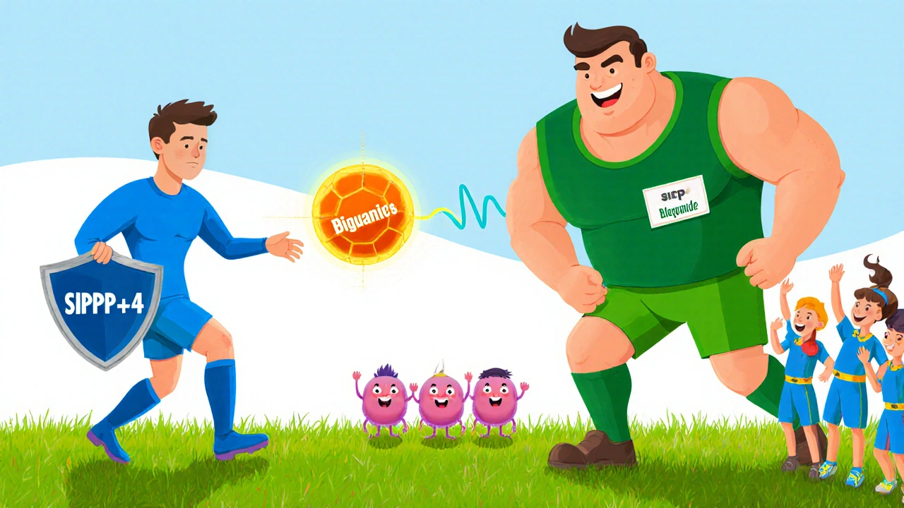 Two superhero characters representing sitagliptin and metformin pass a glowing glucose ball on a field.