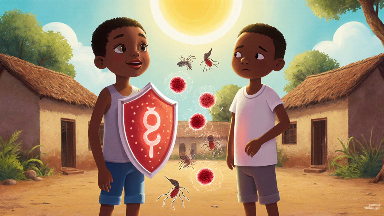 Two villagers, one protected by a sickle‑cell shield, the other targeted by malaria parasites.