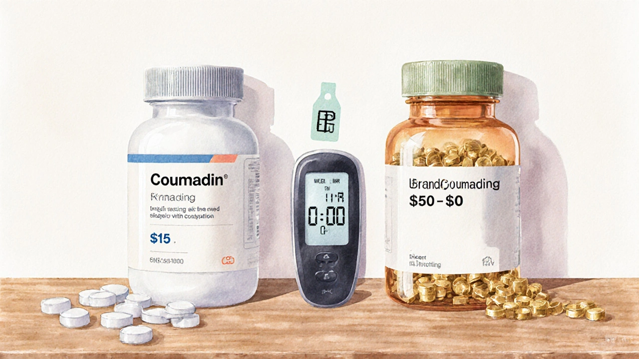 Watercolor illustration of generic and brand Coumadin bottles with price tags and an INR monitor between them.