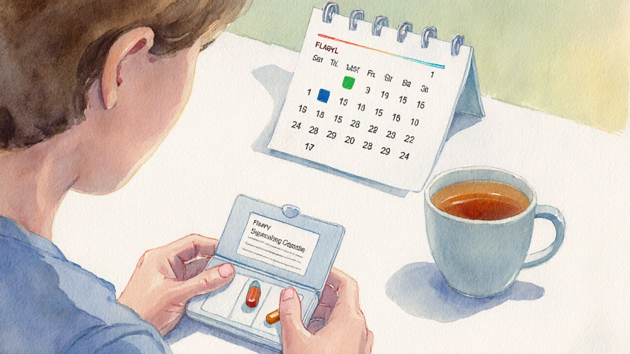 Watercolor of a person at a table with one Flagyl ER tablet and a Secnidazole capsule.