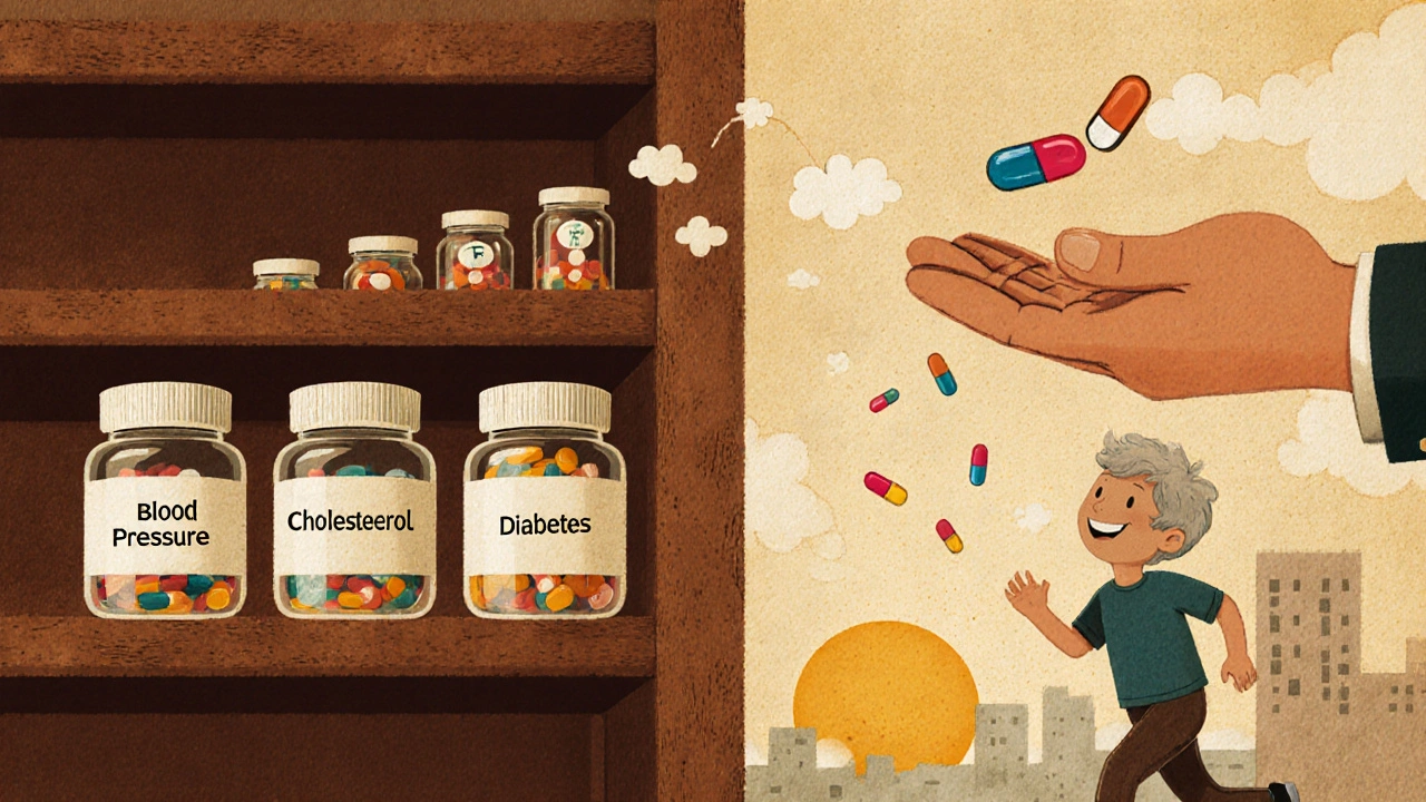 A child receives one smart pill from a giant hand, while separate pills vanish into clouds.