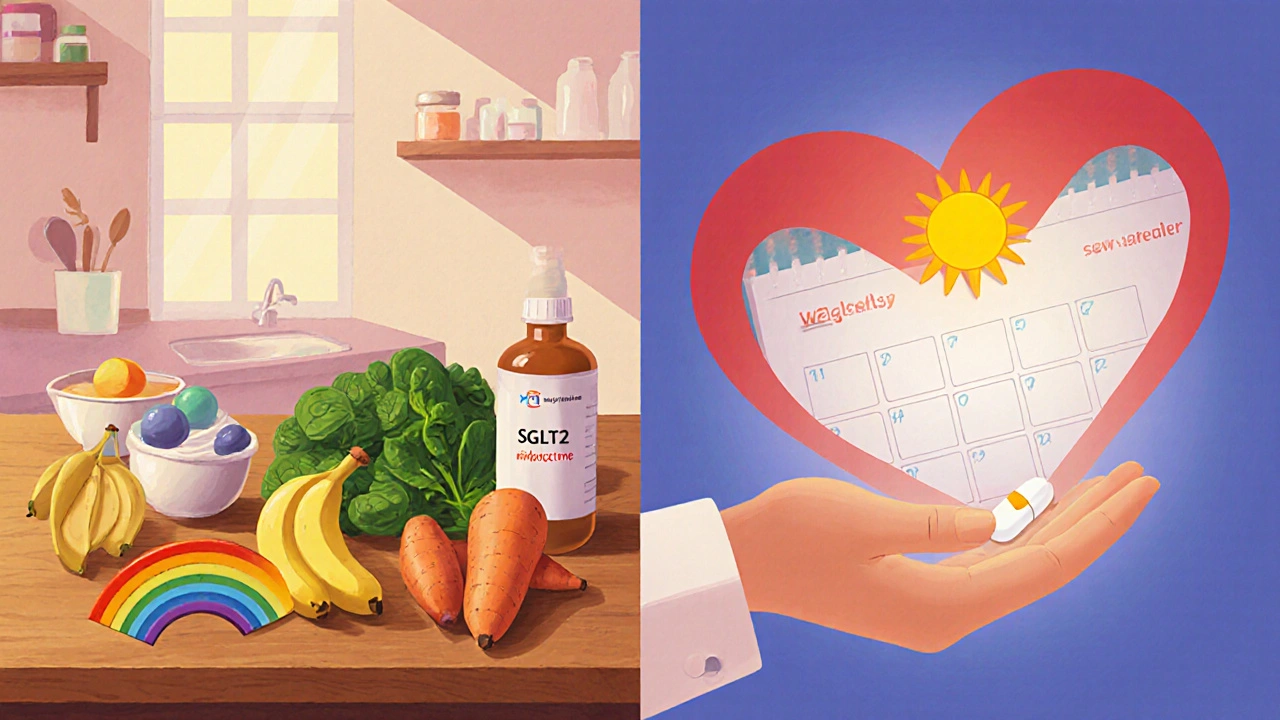 A colorful kitchen with potassium-rich foods and medication bottles, shown in warm storybook illustration style.