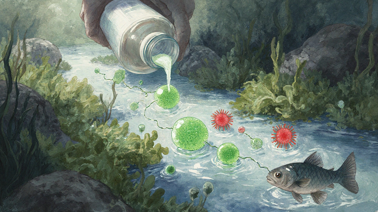 A giant medicine bottle pouring into a river, turning into glowing resistant bacteria and damaged aquatic organisms.