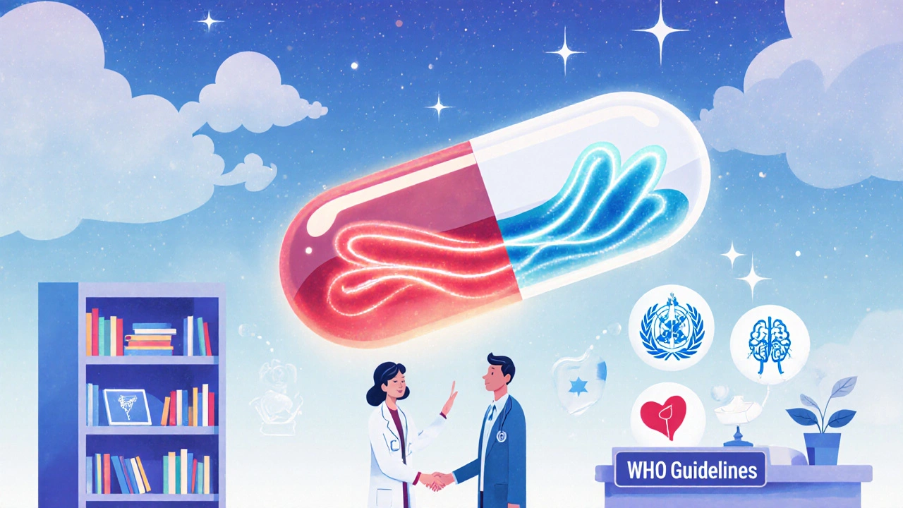 A glowing pill capsule contains merging red and blue medicine streams, with medical icons approving.