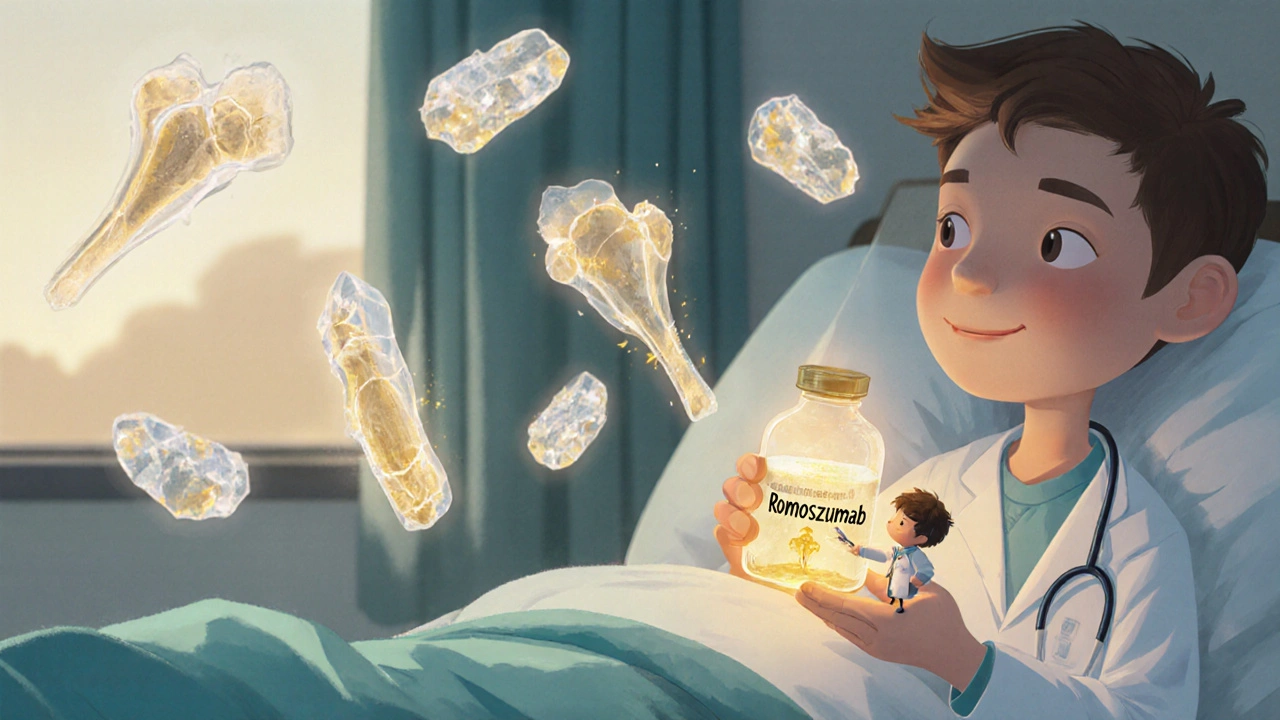 A patient in bed as golden light from a healing drug mends broken bones, with calcium crystals floating away and a myeloma cell shrinking in shadow.
