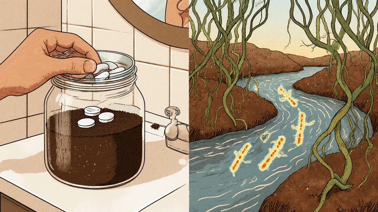A person safely disposing of pills with coffee grounds, while resistance genes spread through soil and water.